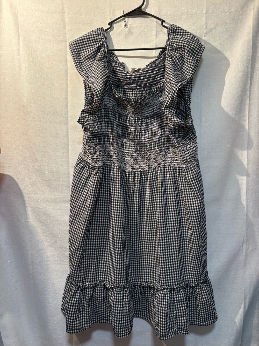 Playful Black and White Gingham Smocked Sun-Dress with Ruffle!Light-Weight.